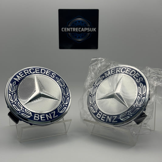 Mercedes-Benz Blue & Chrome Centre Caps 75mm - Set of 4