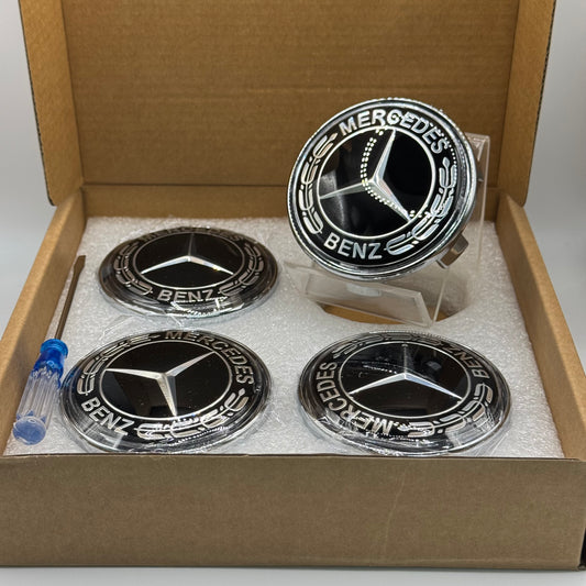 Mercedes-Benz Black & Chrome Floating Centre Caps 75mm - Set of 4