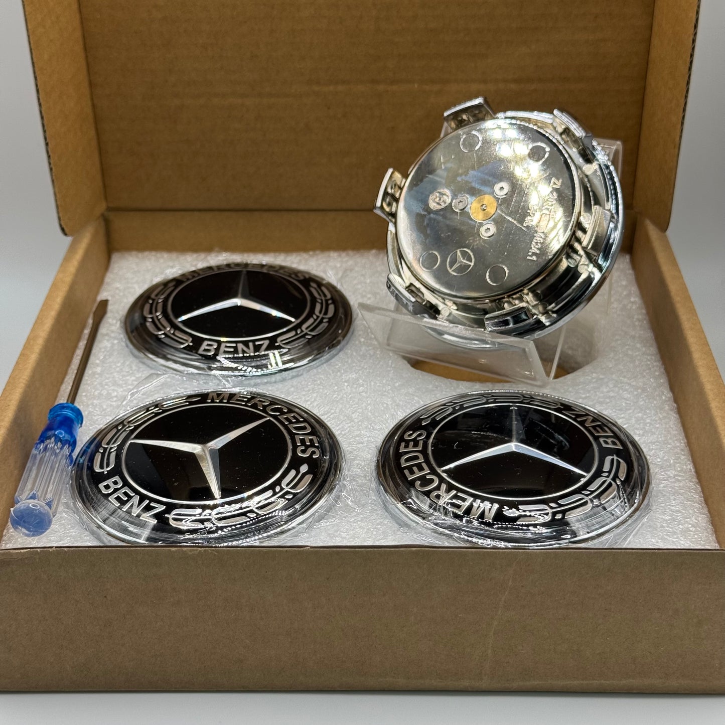 Mercedes-Benz Black & Chrome Floating Centre Caps 75mm - Set of 4