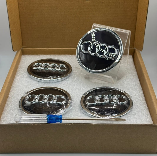 Audi Black & Chrome Floating Centre Caps 69mm - Set of 4