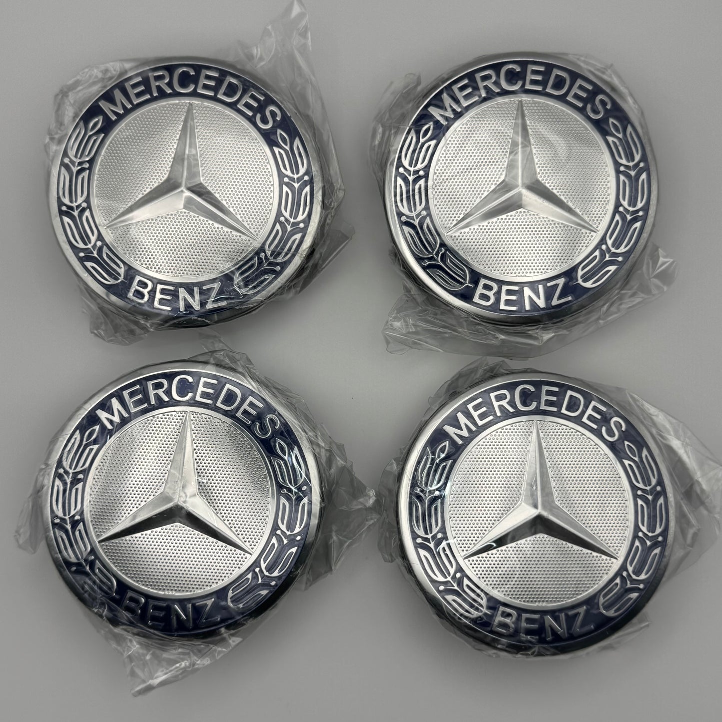 Mercedes-Benz Blue & Chrome Centre Caps 75mm - Set of 4