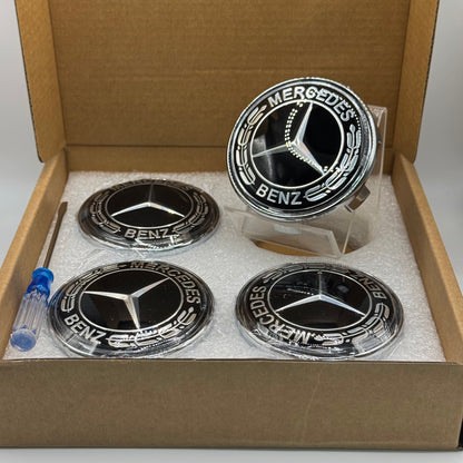Mercedes-Benz Black & Chrome Floating Centre Caps 75mm - Set of 4