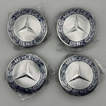 Mercedes-Benz Blue & Chrome Centre Caps 75mm - Set of 4